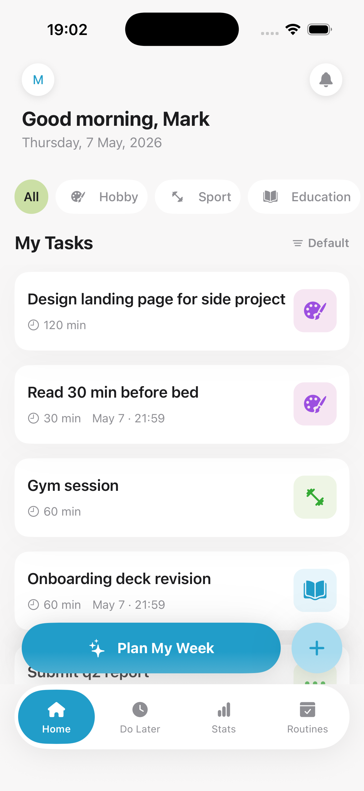 Weeko Home screen showing today's task list with categories and durations