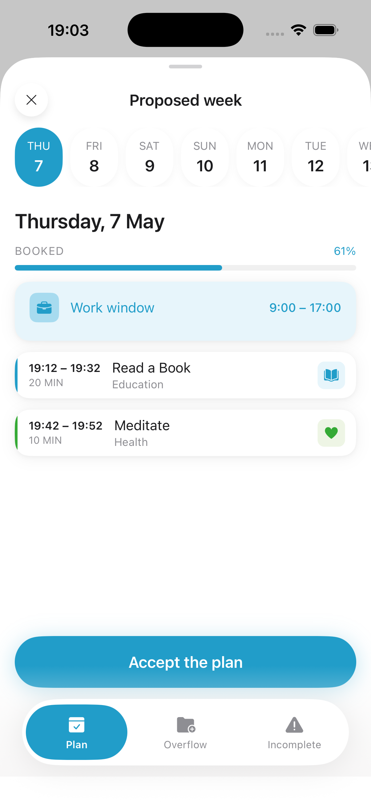 Weeko Plan My Week screen showing time-blocks scheduled around the user's calendar
